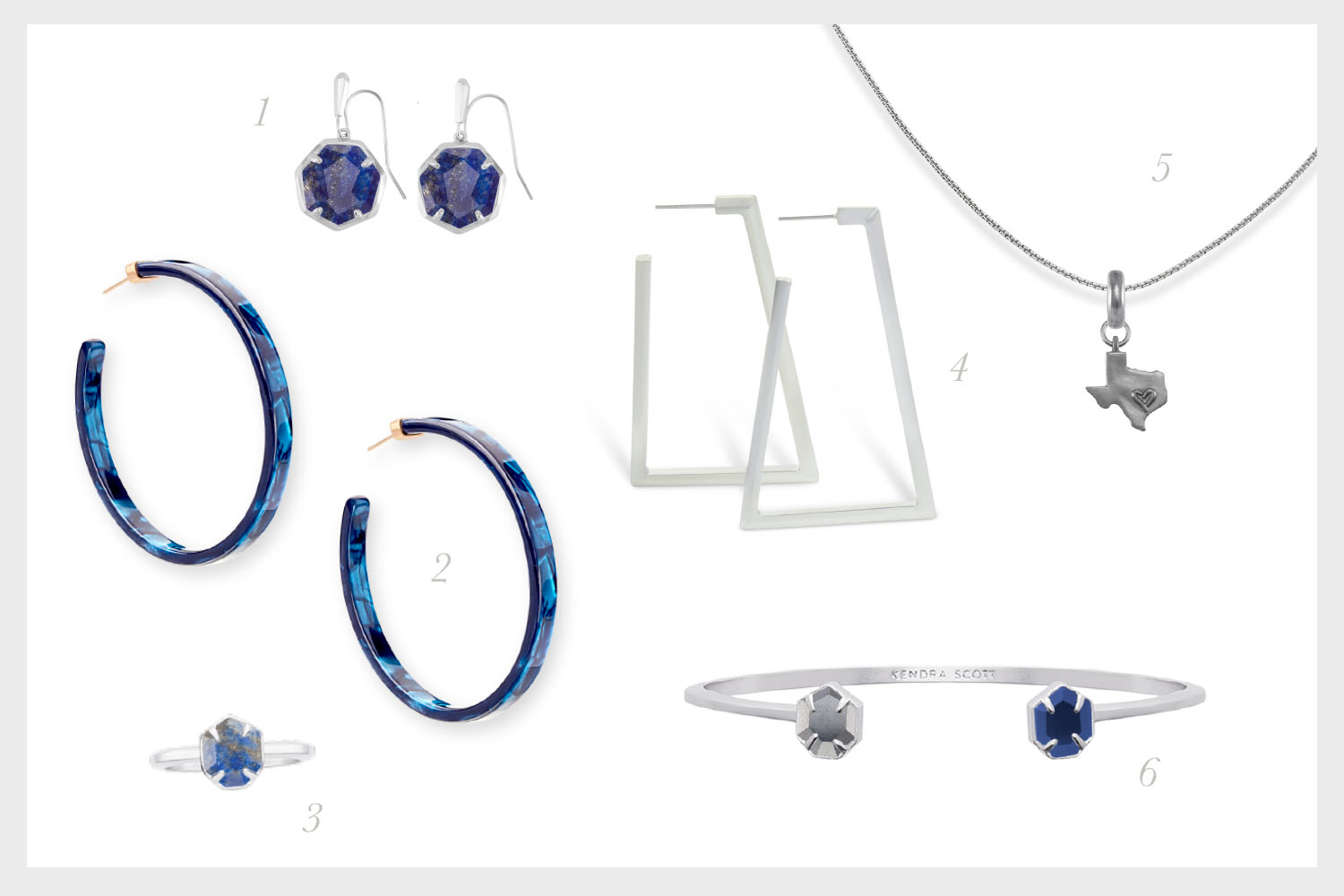   1.    Cynthia Rhodium Drop Earrings in Lapis   , 2.    Kash Hoop Earrings in Navy Acetate   , 3.    Calvin Rhodium Band Ring in Lapis   , 4.    Easton Hoop Earrings in Rhodium   , 5.    Teddy Rhodium Cuff Bracelet in Hematite &amp; Navy Cat’s Eye  