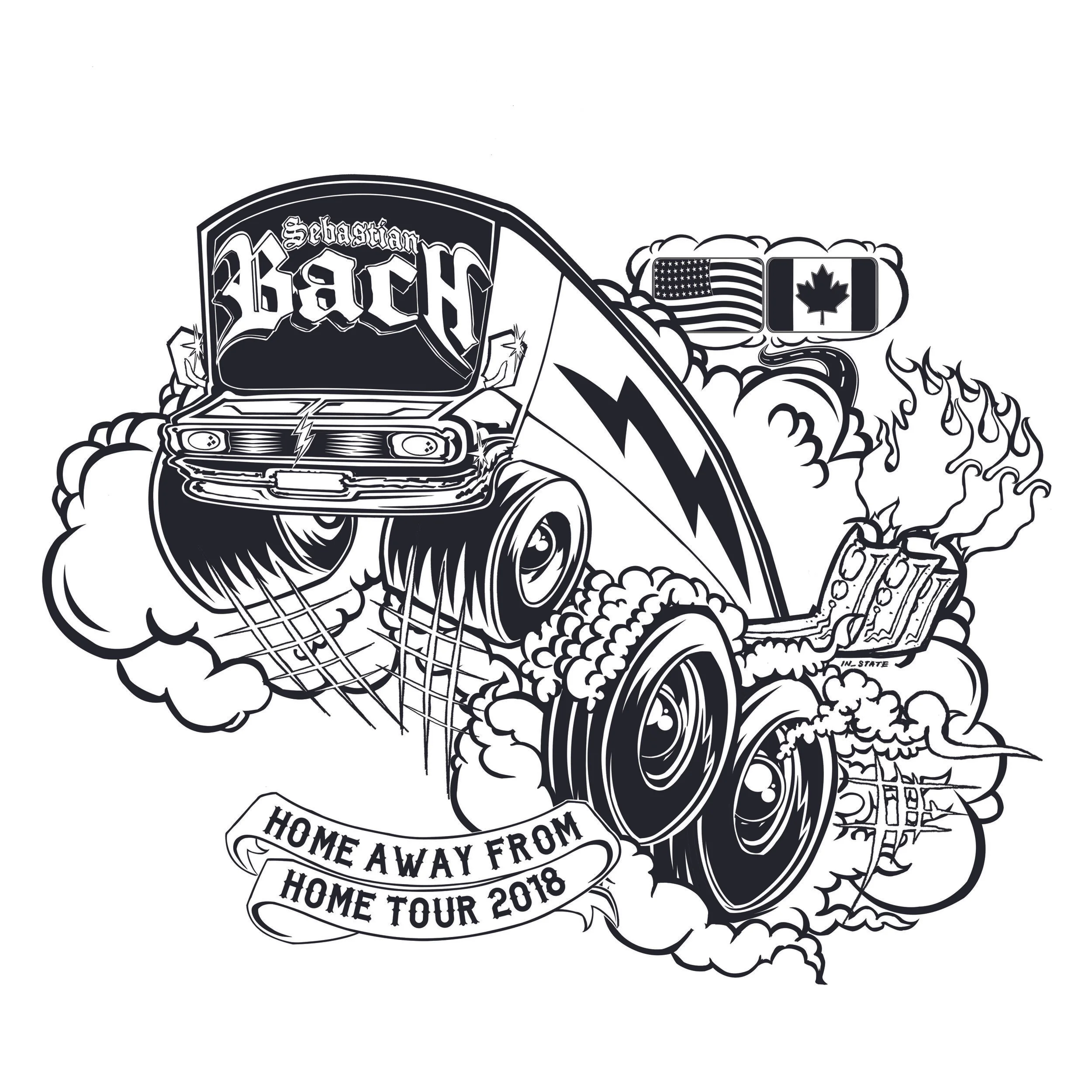 Sebastian Bach "Home Away From Home Tour" USA & Canadian Tour Tee Shirt Illustration, conceptualized and commissioned  by Sebastian Bach 2018