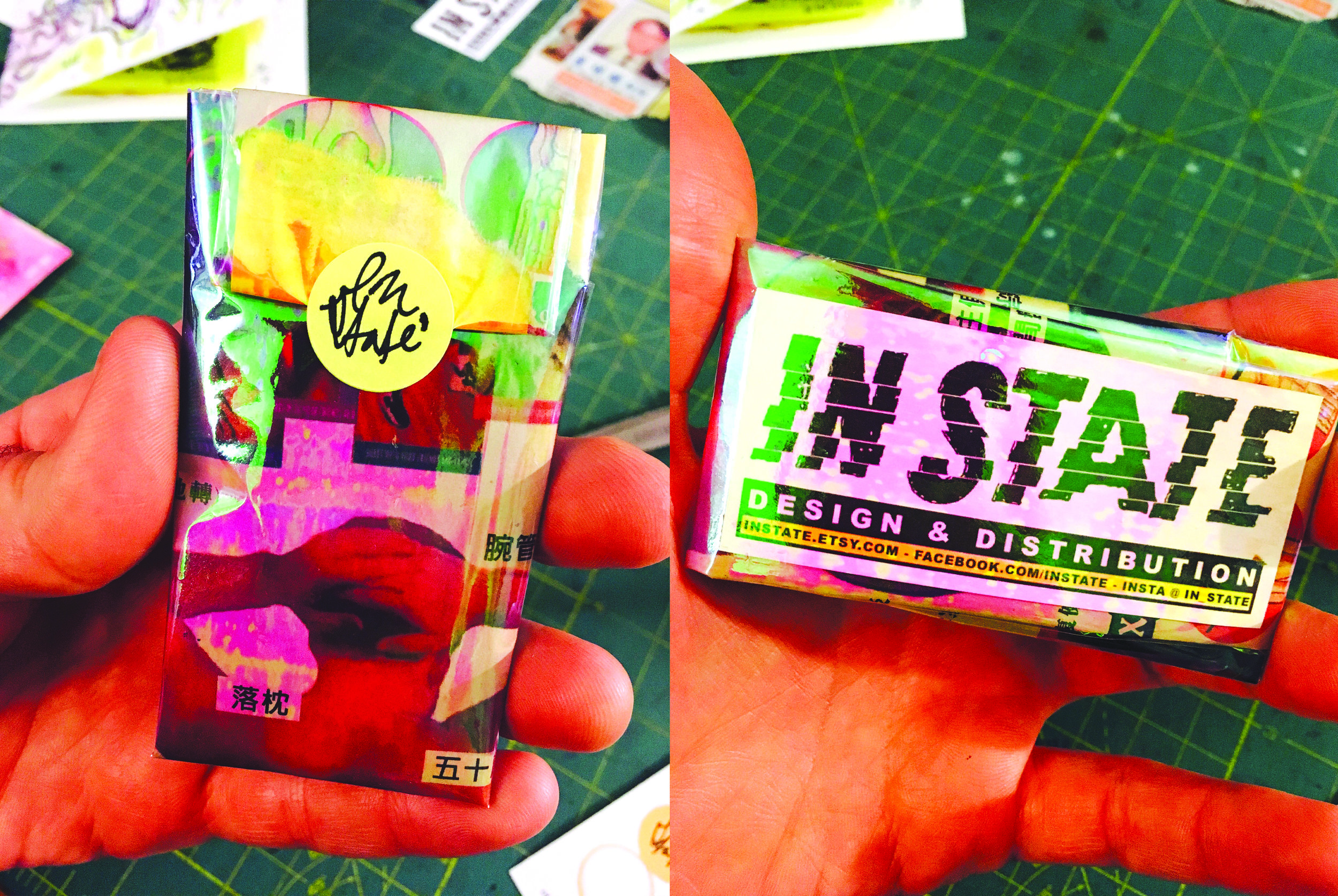 Packaging for In State vintage button sets. Individually wrapped sets with iridescent plastic and repurposed newsprint with In State promotional card. 2016 - 2020