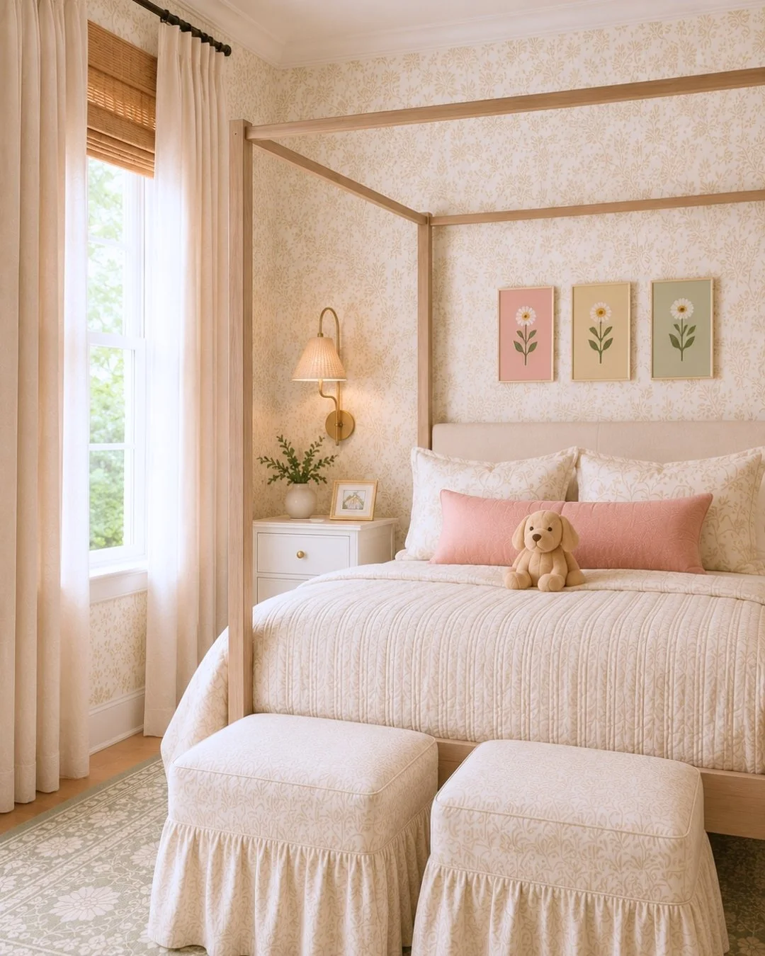 little girls room with wooden queen sized bed, and soft pinks with floral wallpaper