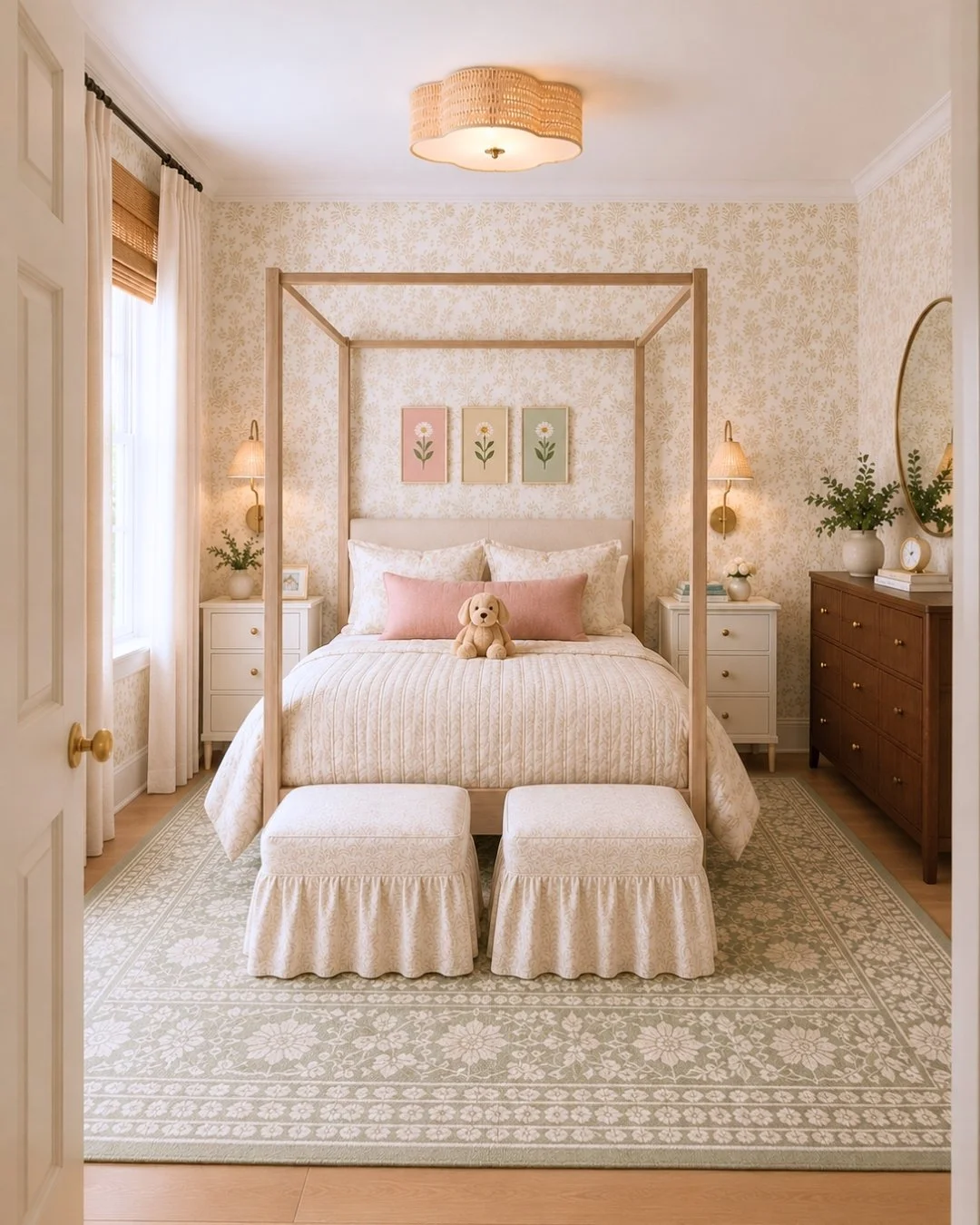 little girls bedroom with soft pinks and floral inspired. Wooden tones and rattan light.