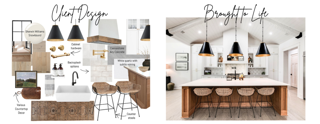 client design vs brought to life bright kitchen with black pendants