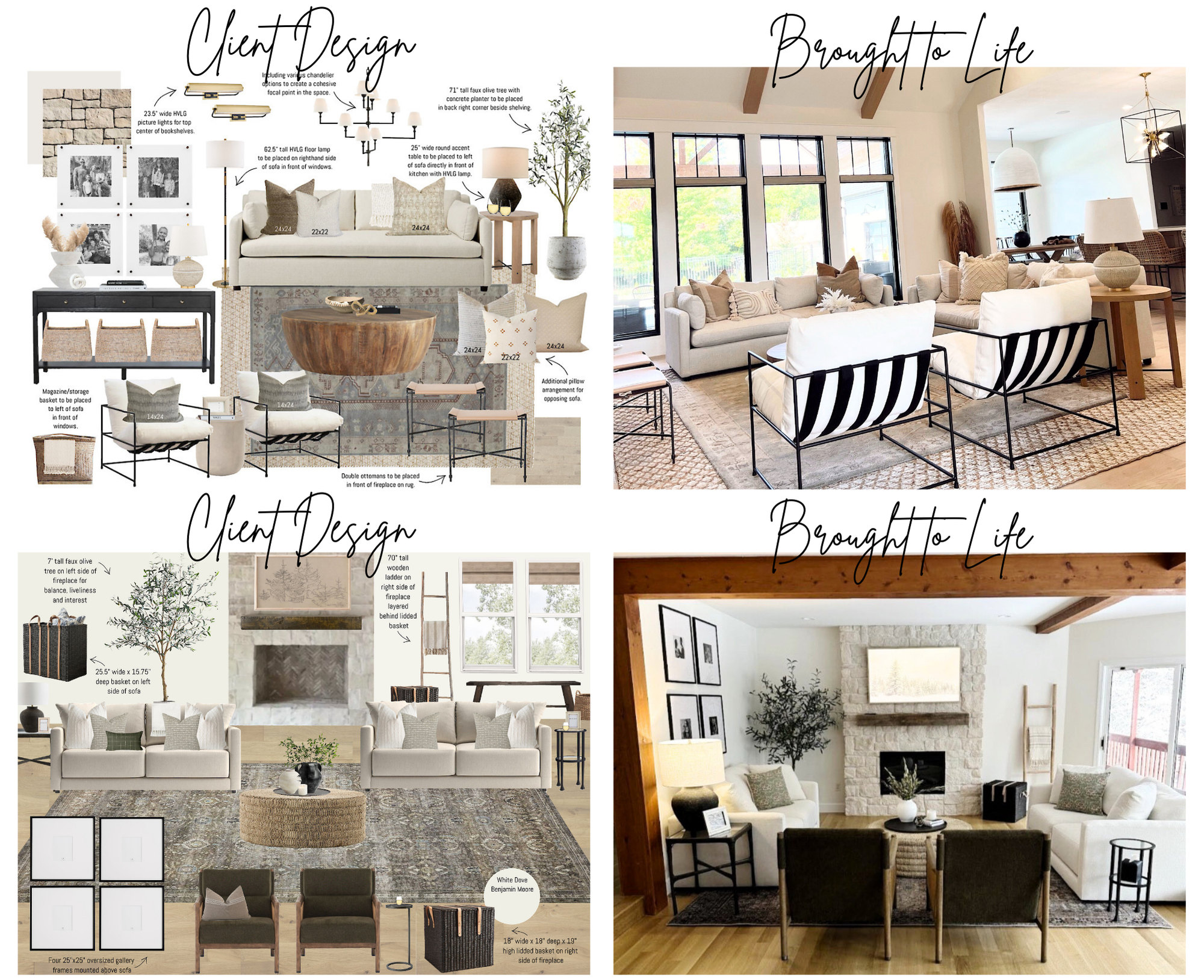 images of porche and co.'s client design boards and real life images of finished rooms in homes