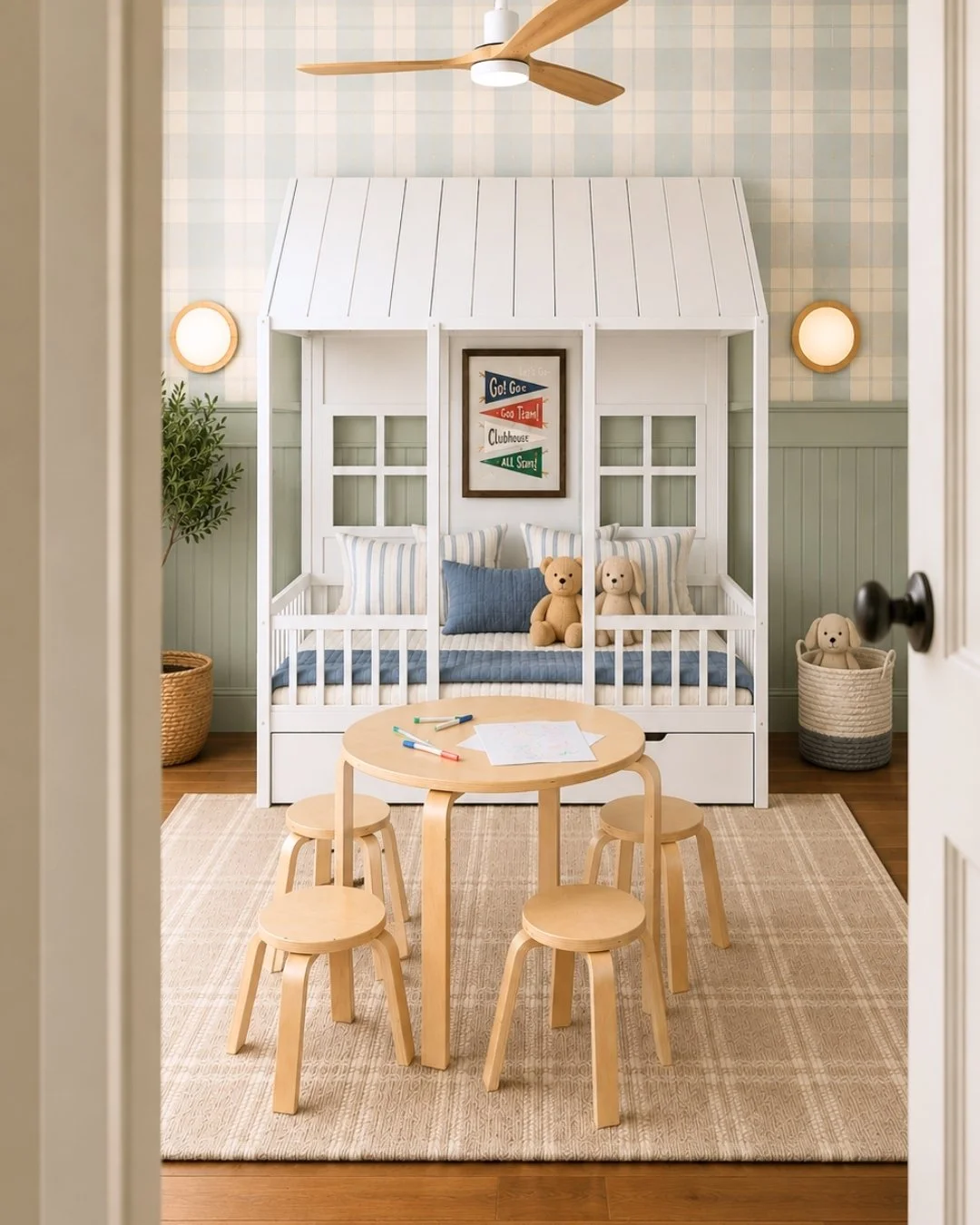 boys bedroom with house bed frame and checkered wallpaper