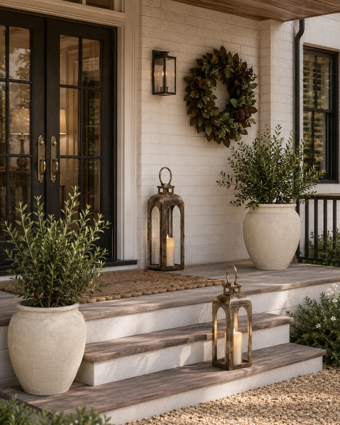front porch with stone and black lanterns and fall wreath