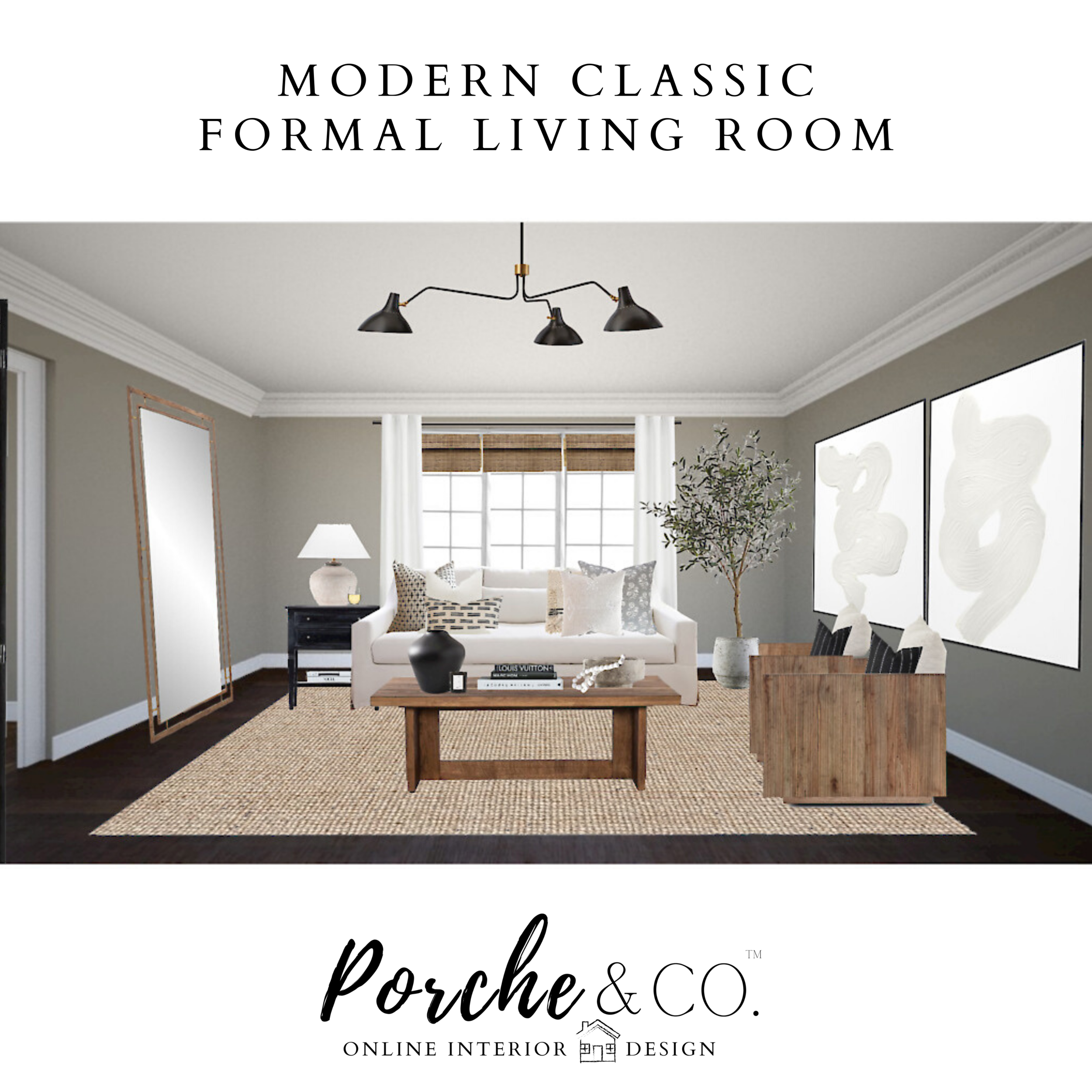 E-Design Client Feature :: Modern Classic Formal Living Room - 3D Vision Board Package :: Porche &amp; Co. 