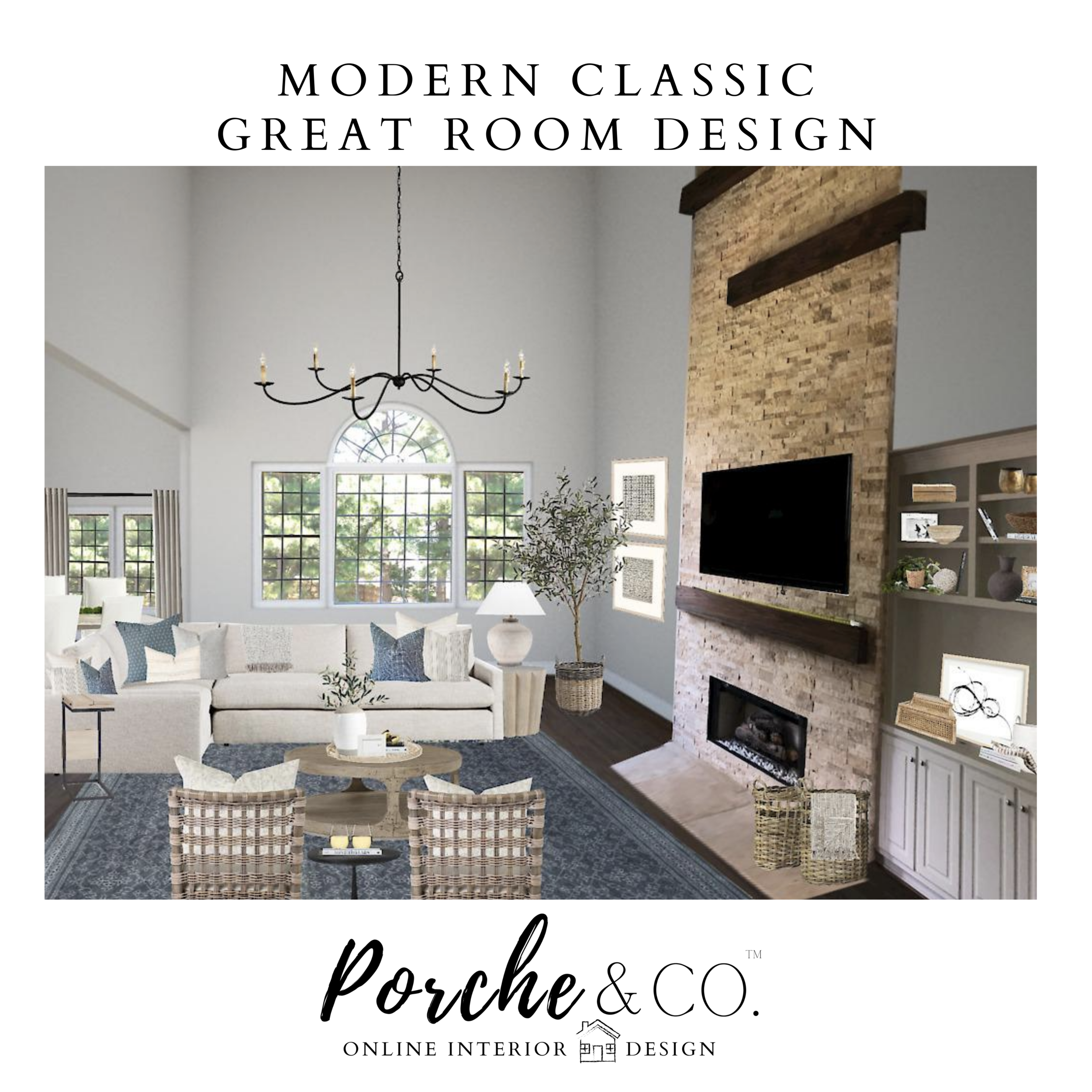 E-Design Client Feature :: Modern Classic Great Room - 3D Vision Board Package :: Porche &amp; Co. 