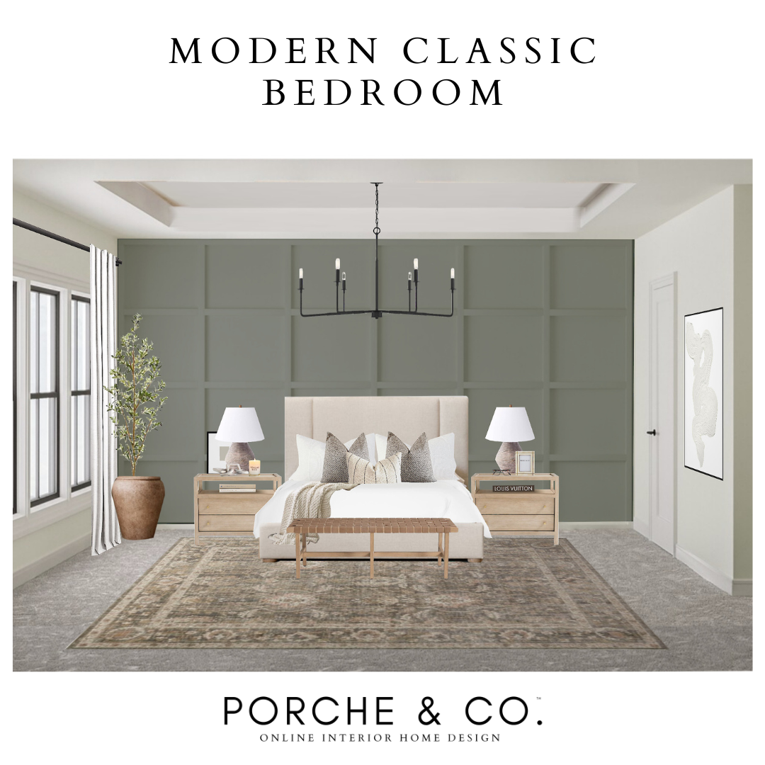 modern classic bedroom mood board design inspo