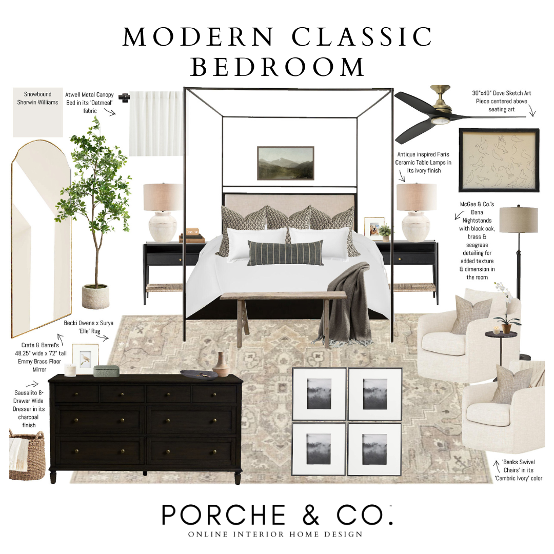 modern classic bedroom mood board design inspo