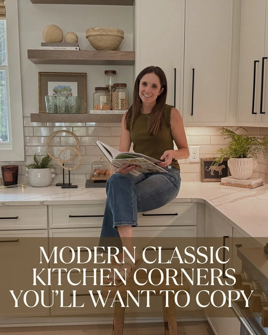 There&rsquo;s something so satisfying about styling little kitchen corners that make the space feel intentional yet lived-in. 🕯️✨
From art on the counters to layered cookbooks and pops of greenery &mdash; these simple touches bring a Modern Classic 