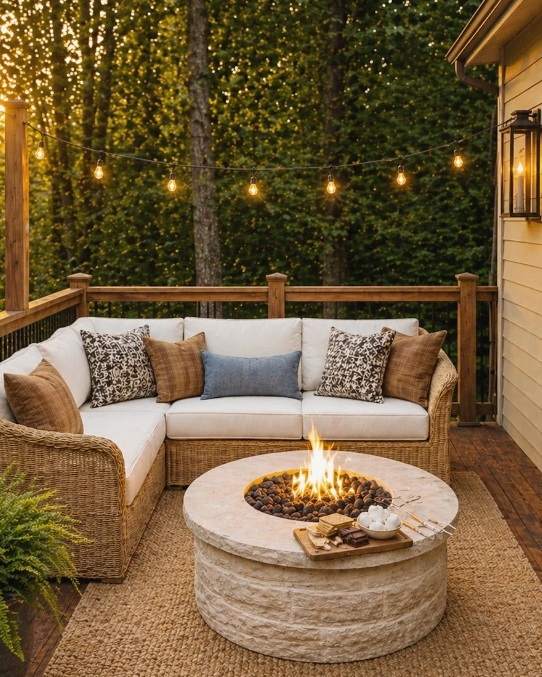 back deck with string lights and stone fireplace