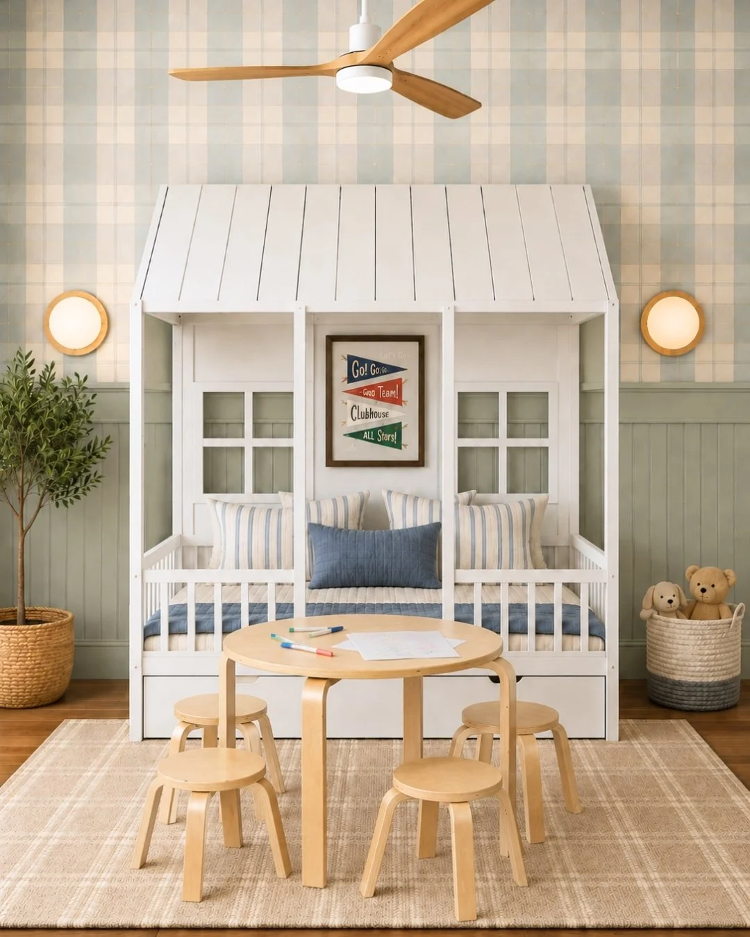 little boys room with white house bed, beadboard and checkered wallpaper