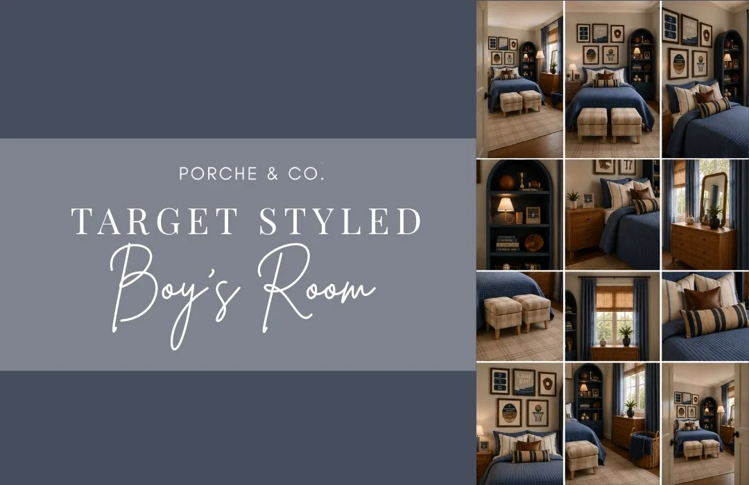 A collage of pictures of a navy boys bedroom design