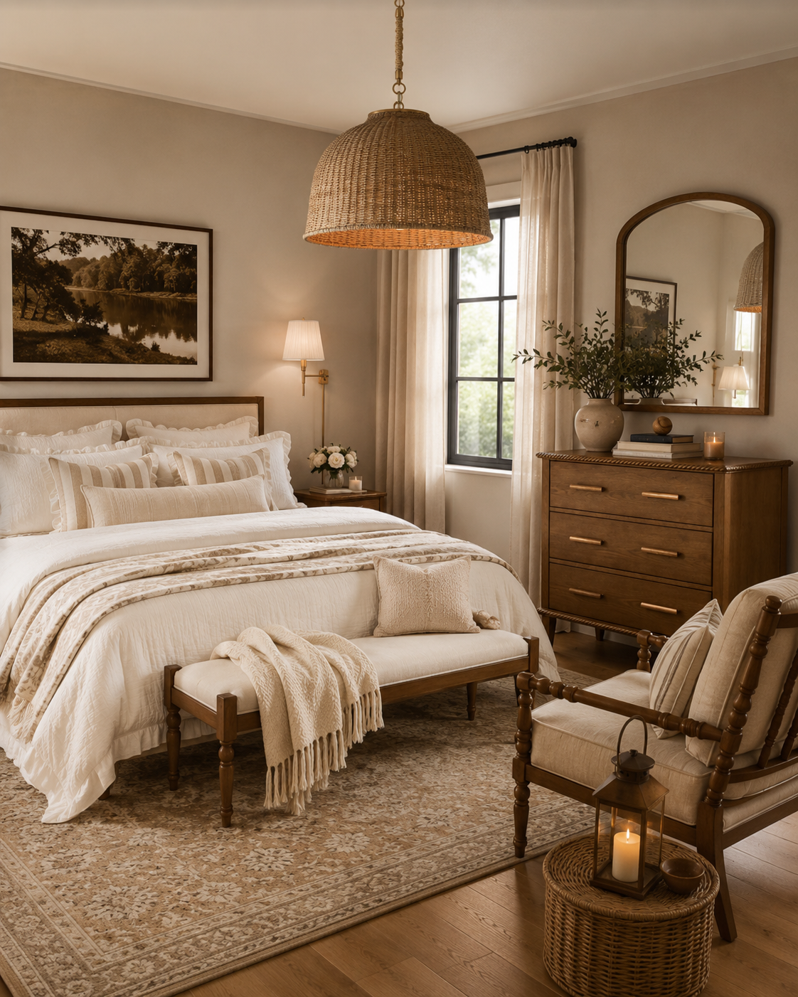 studio mcgee target bedroom with warm tones and woven pendant and white bedding
