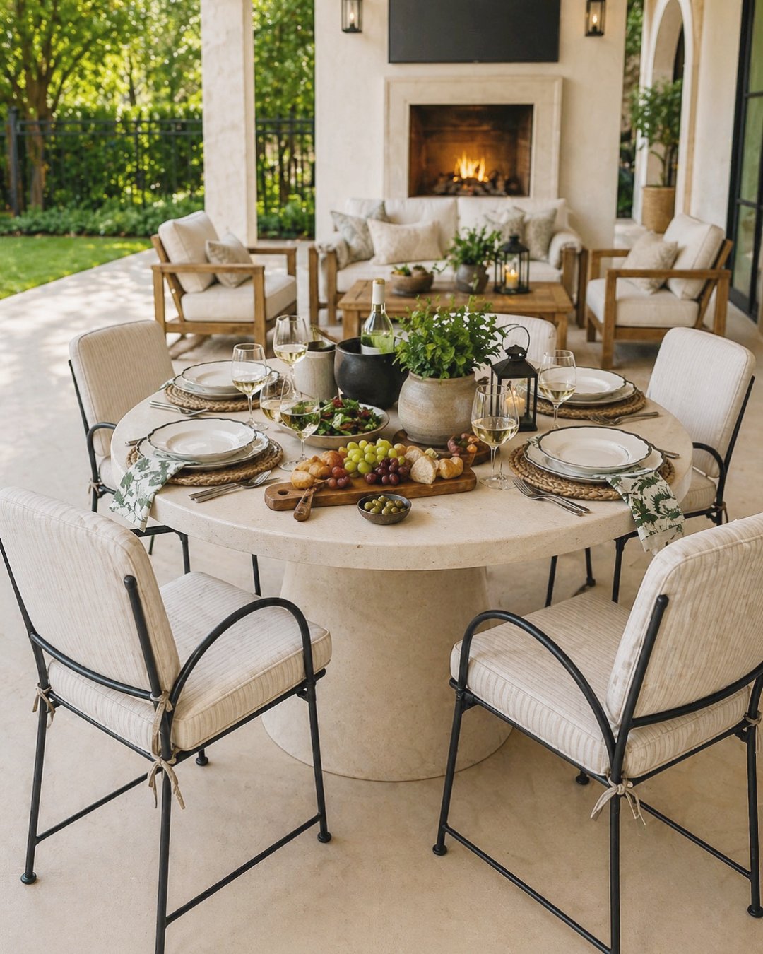 outdoor tablescape with neutral concrete table and elements