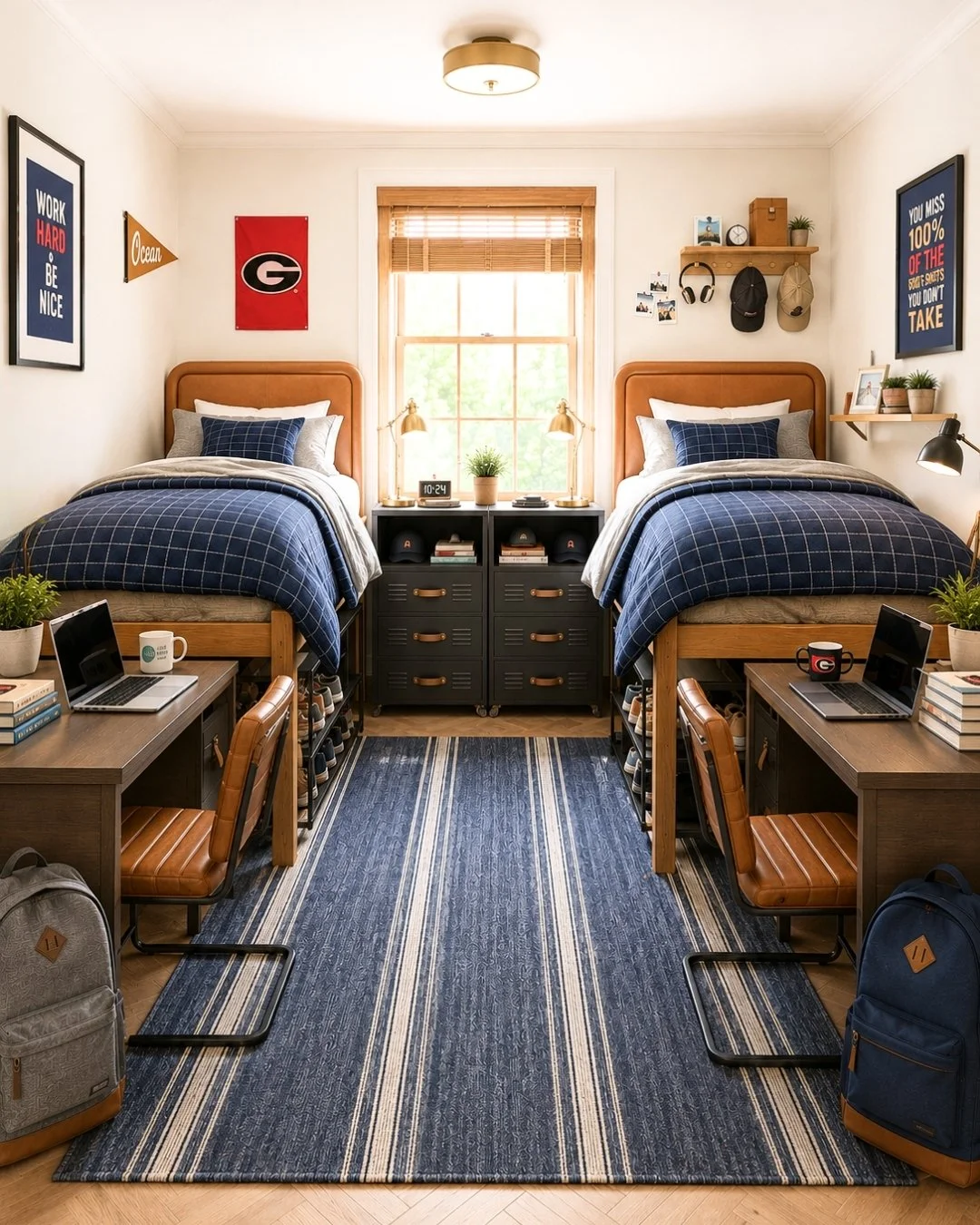Boys dorm room with UGA themed decor, blue rug, and warm tones with desks and leather chair and black lockers