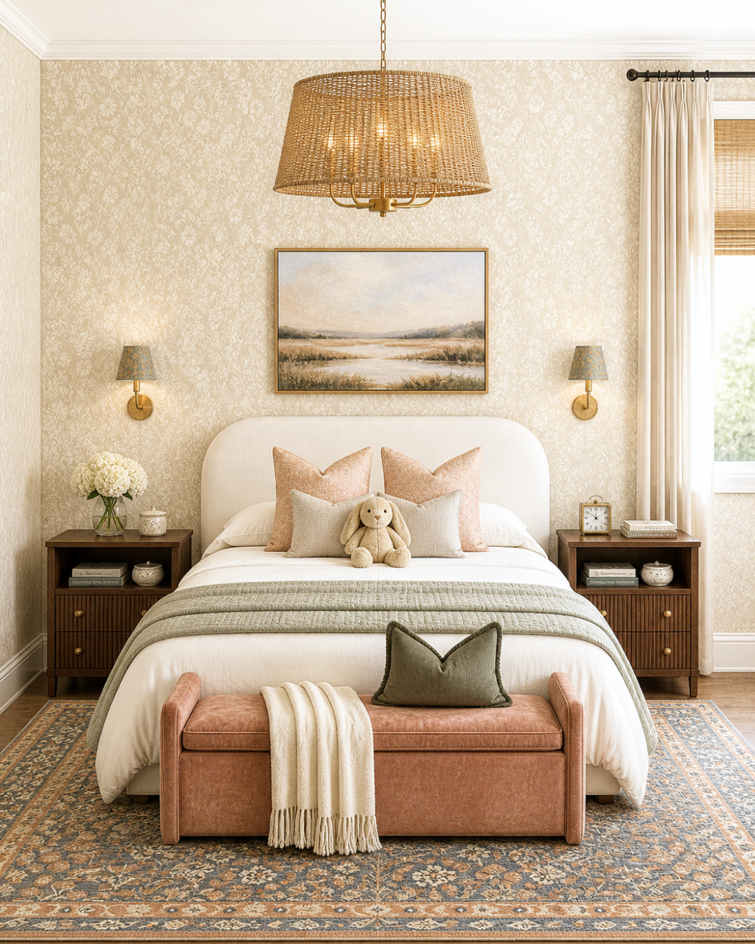 girls bedroom featuring neutral wallpaper with cream bed and warm textures