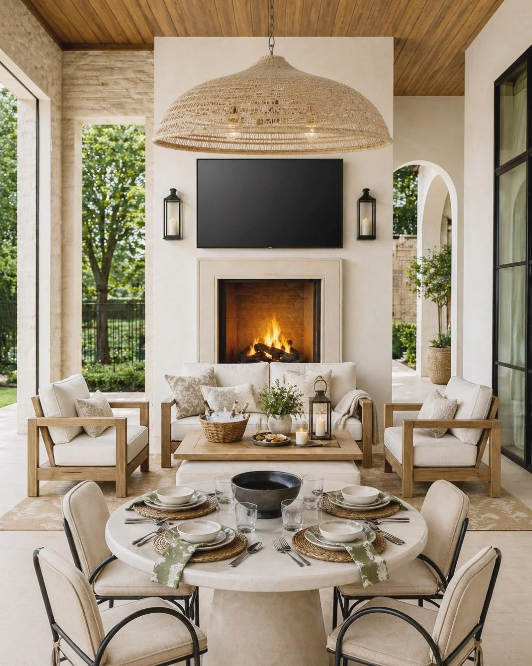 neutral back porch fully designed with stone fireplace