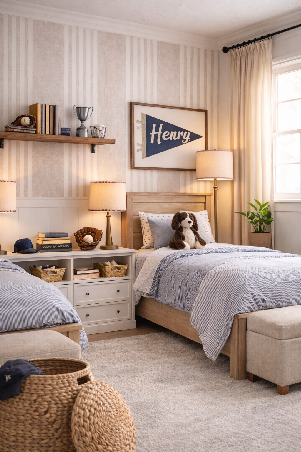 little boys bedroom with blue twin beds with a stuffed animal dog and stripped wallpaper