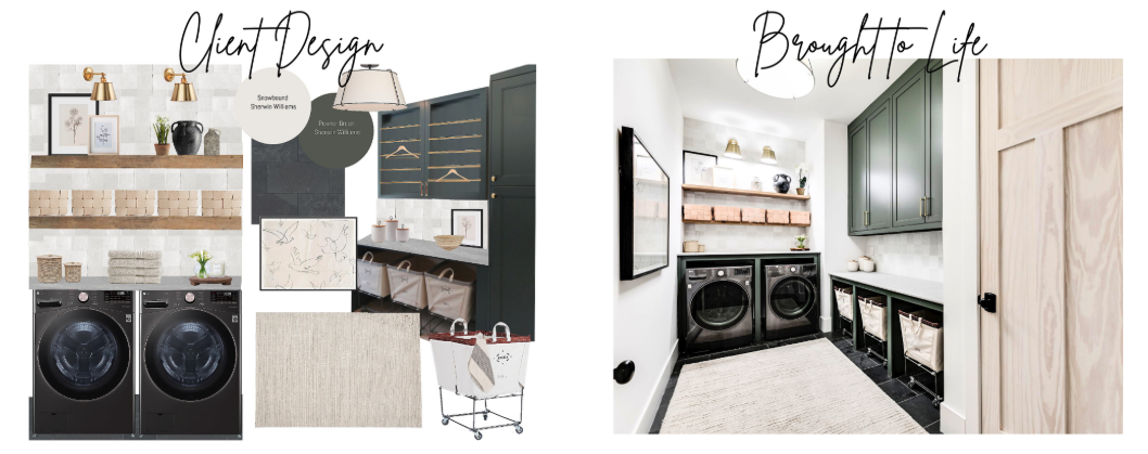 laundry room design vs. in real life - green cabinets with black washer and dryer