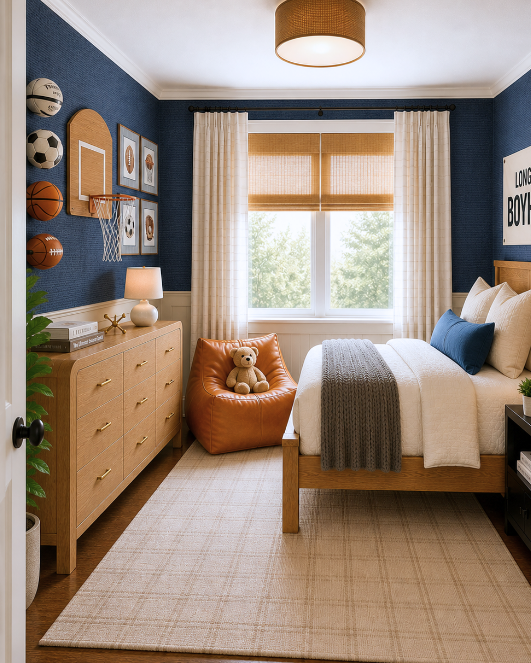 boys bedroom design with navy walls and a sports wall with basketballs, soccer balls, and a basketball hoop