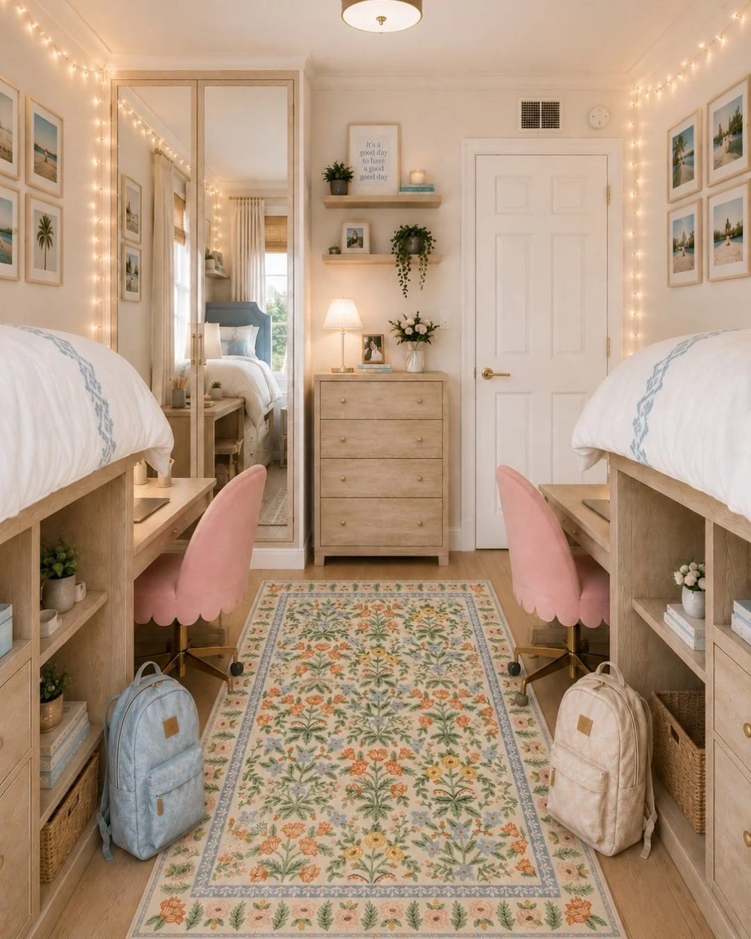 Girls dorm room with backpacks, pink chairs, white bedspread and string lights