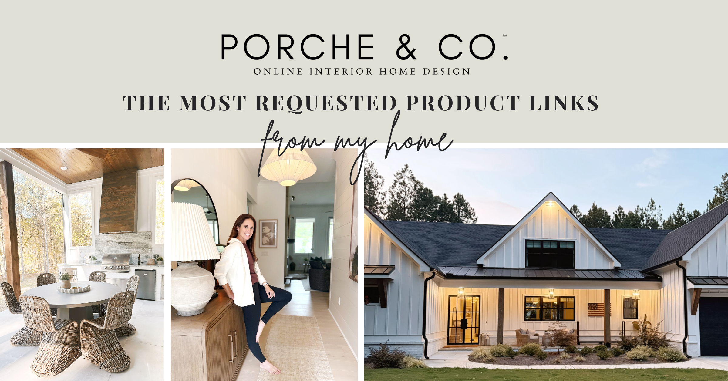 cover photo highlighting front of a modern farmhouse with Emily from Porche & Co. including back patio feature