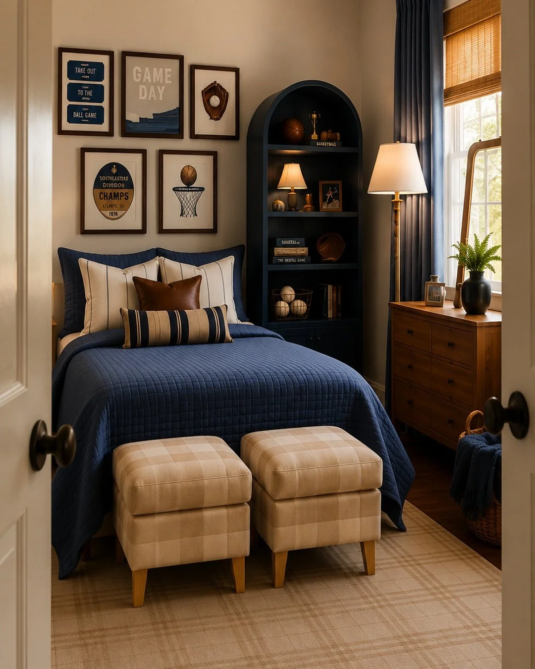 boys bedroom design with sports pictures and navy blue bedspread, curtains, and bookcase