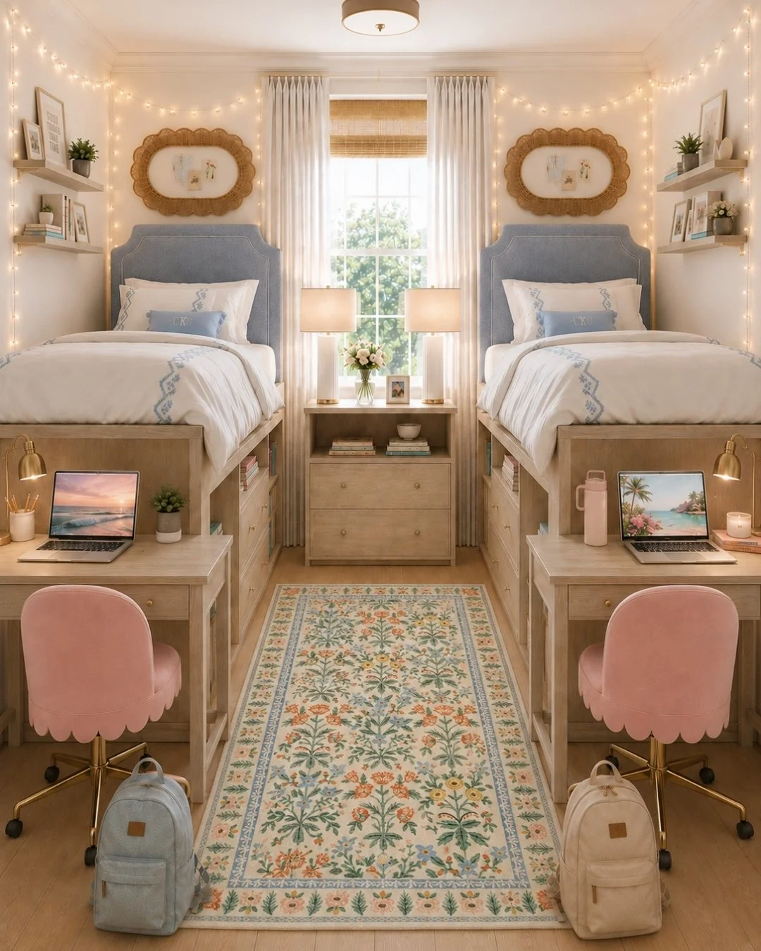 Girls dorm room with scalloped artwork, pink chairs, floral rug with string lights