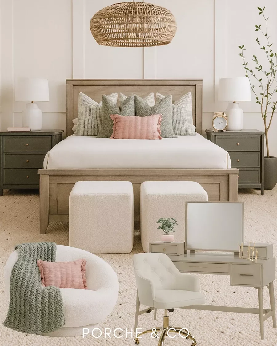 Beach vibe styled bedroom with warm greens and neutral pinks and rattan light