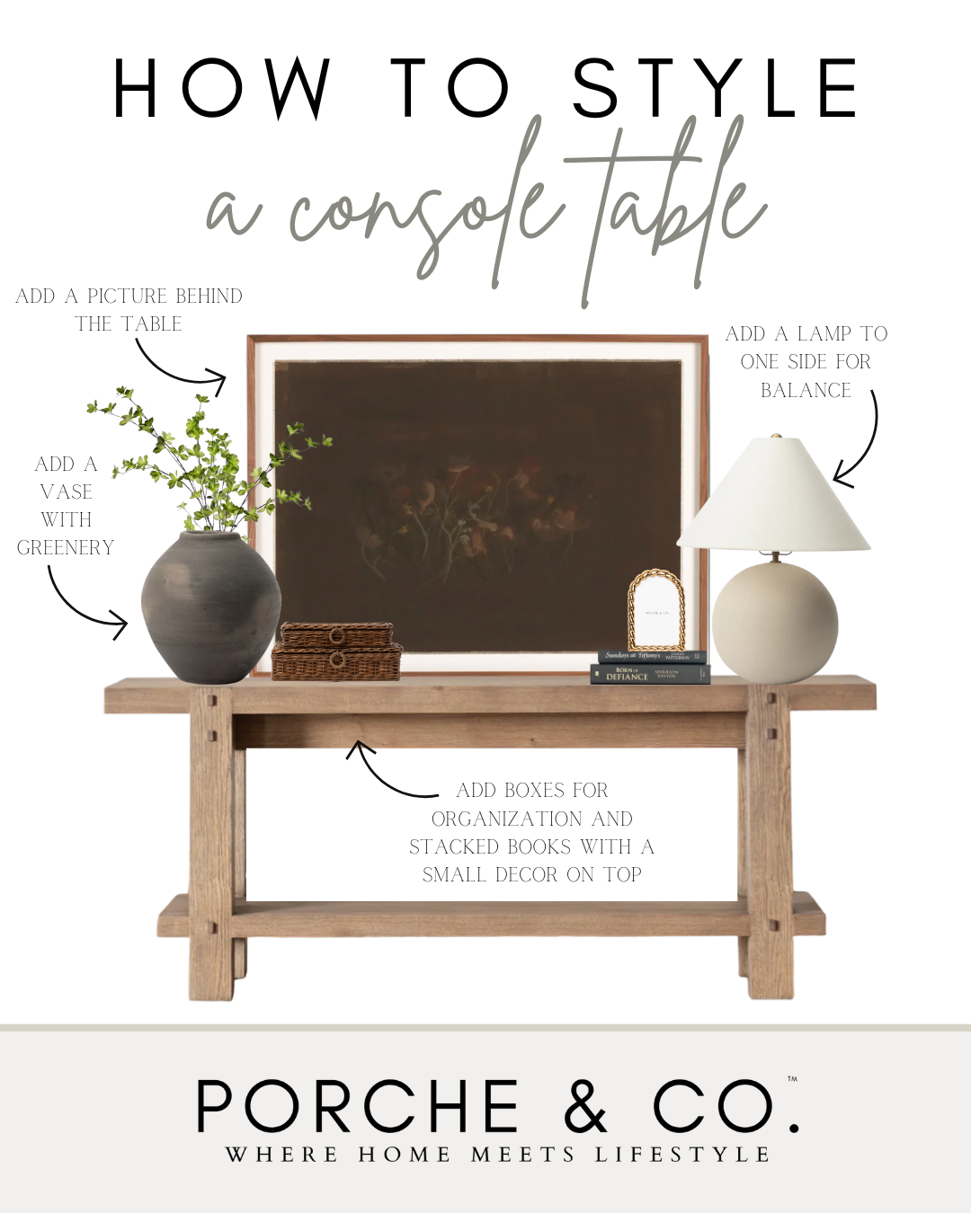 how to style a console table collage with a table, artwork, vase, and lamp