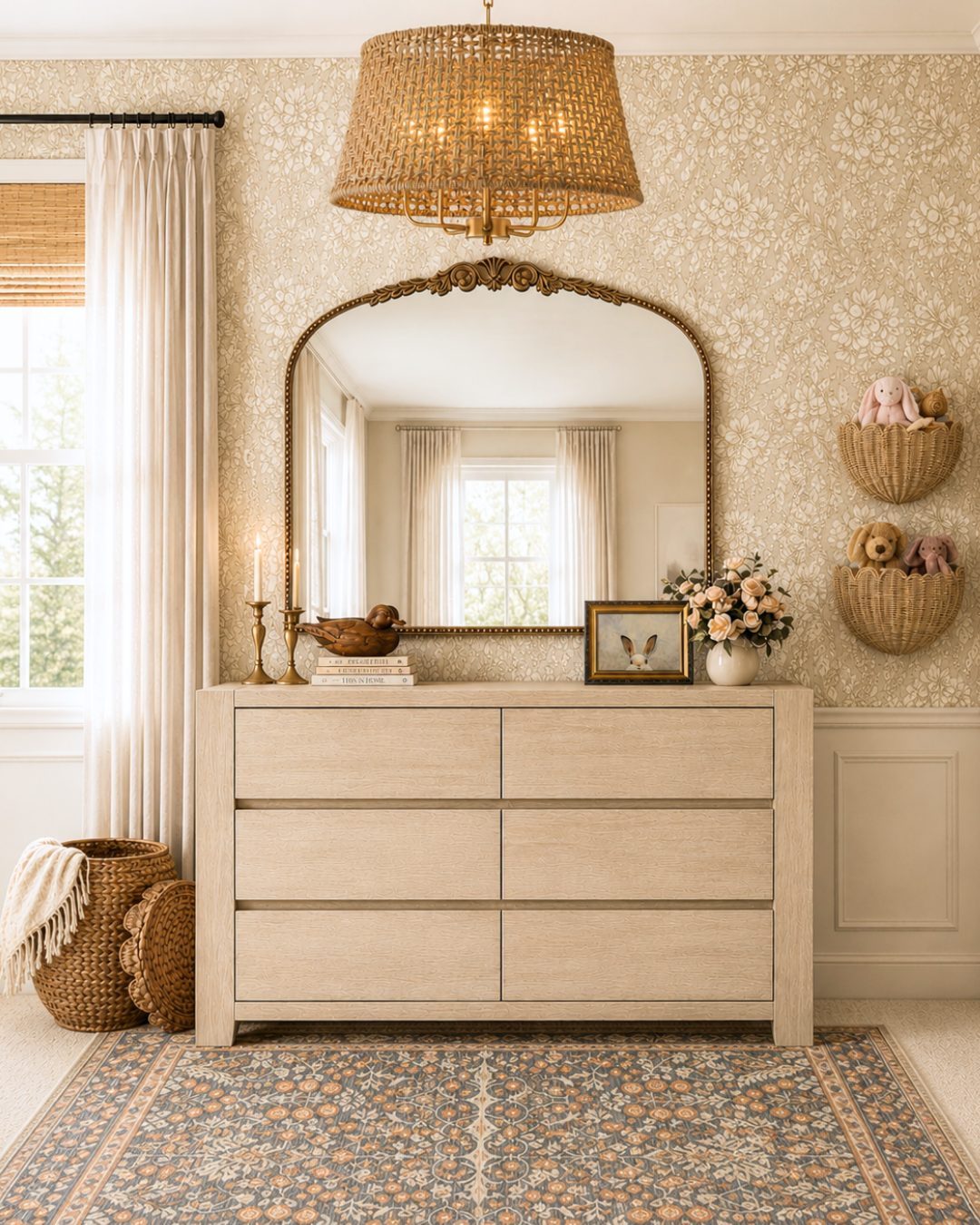 girls bedroom with textured rug, warm tones, antique mirror and floral wallpaper