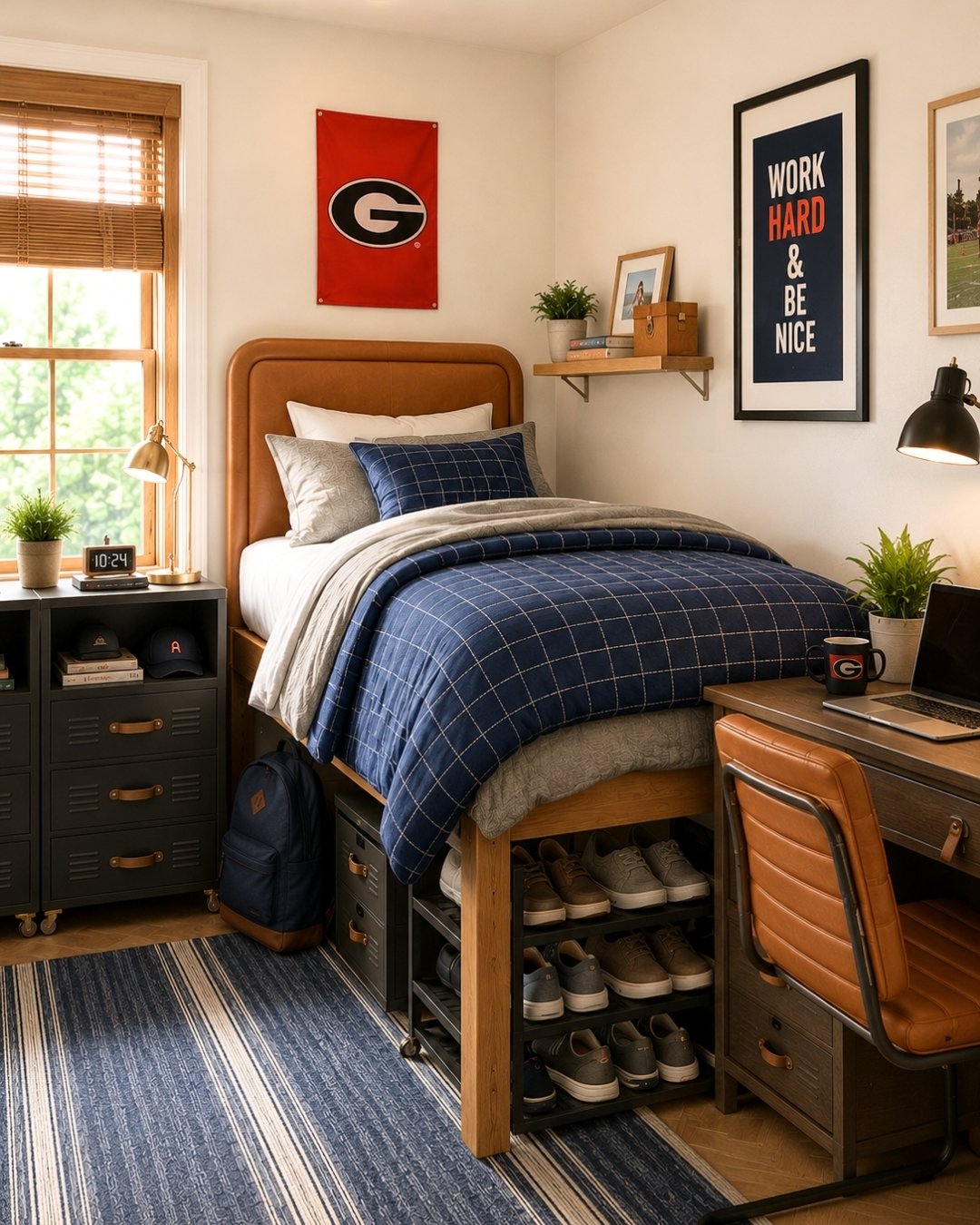 Dorm room bedroom, blue comforter, leather headboards, UGA flag over the bed with artwork and shades