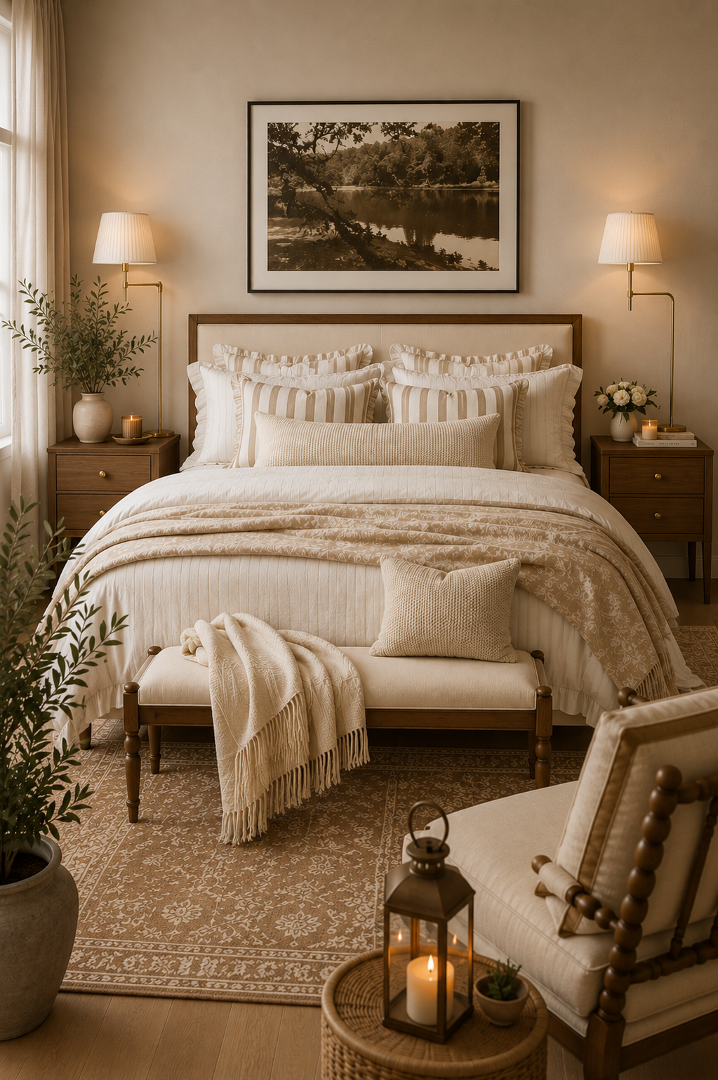 primary bedroom with lamps and fall picture in the middle of the wall with cream bedding