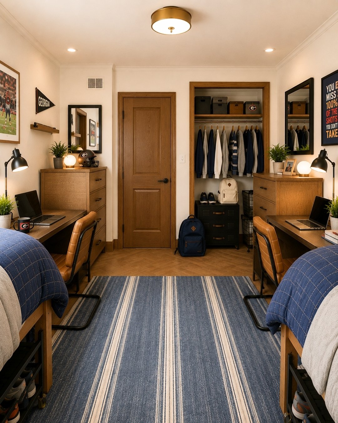 Boys dorm room showing closet open with clean clothes and warm tones as desks and flags with Georgia symbols