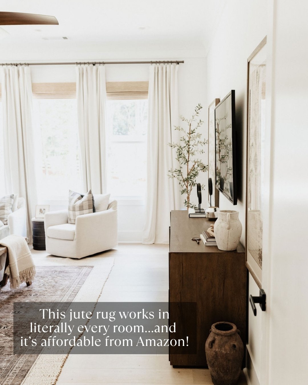 primary bedroom filled with natural light, warm textures, white chairs and a brown dresser