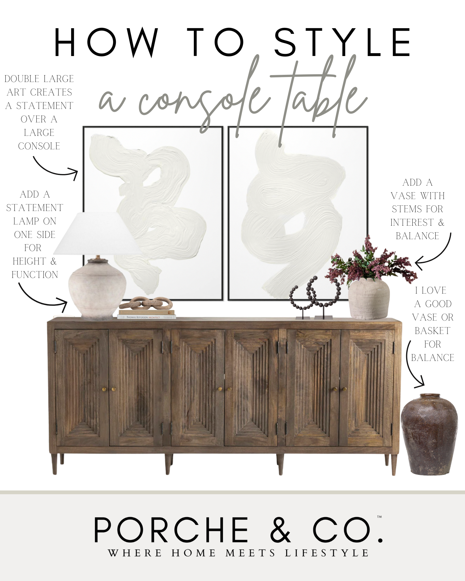 entry way console table how to style collage with art work and stems