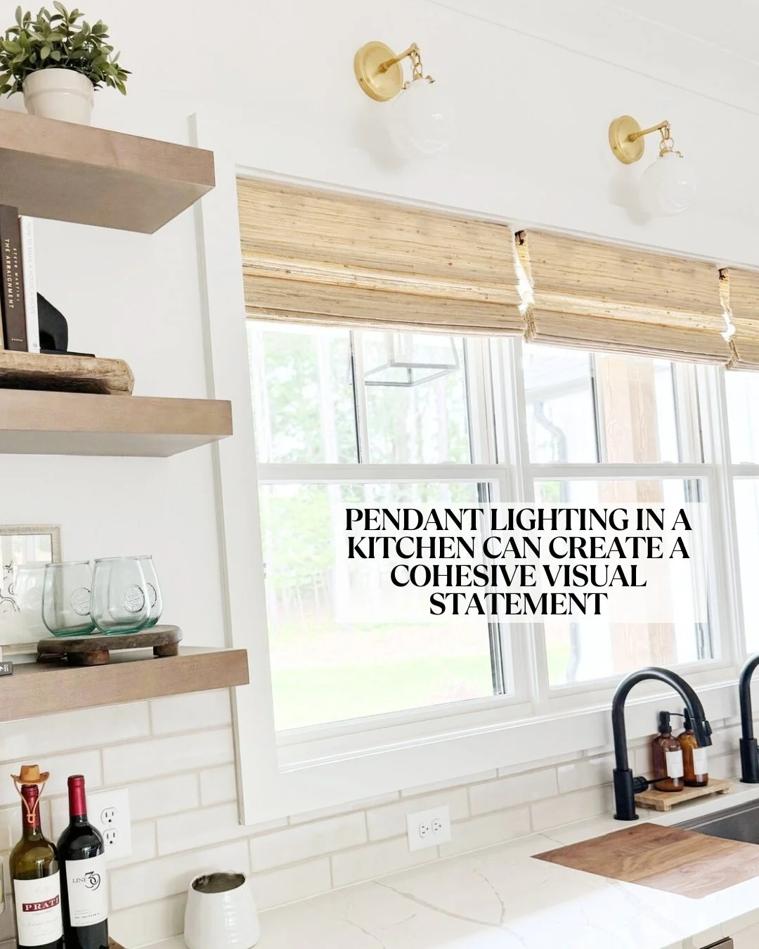 white kitchen with gold ball pendants