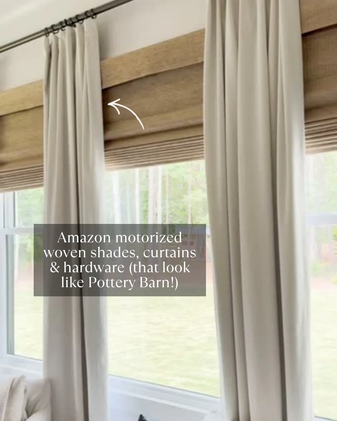 Motorized natural bamboo shades and cream velvet curtains