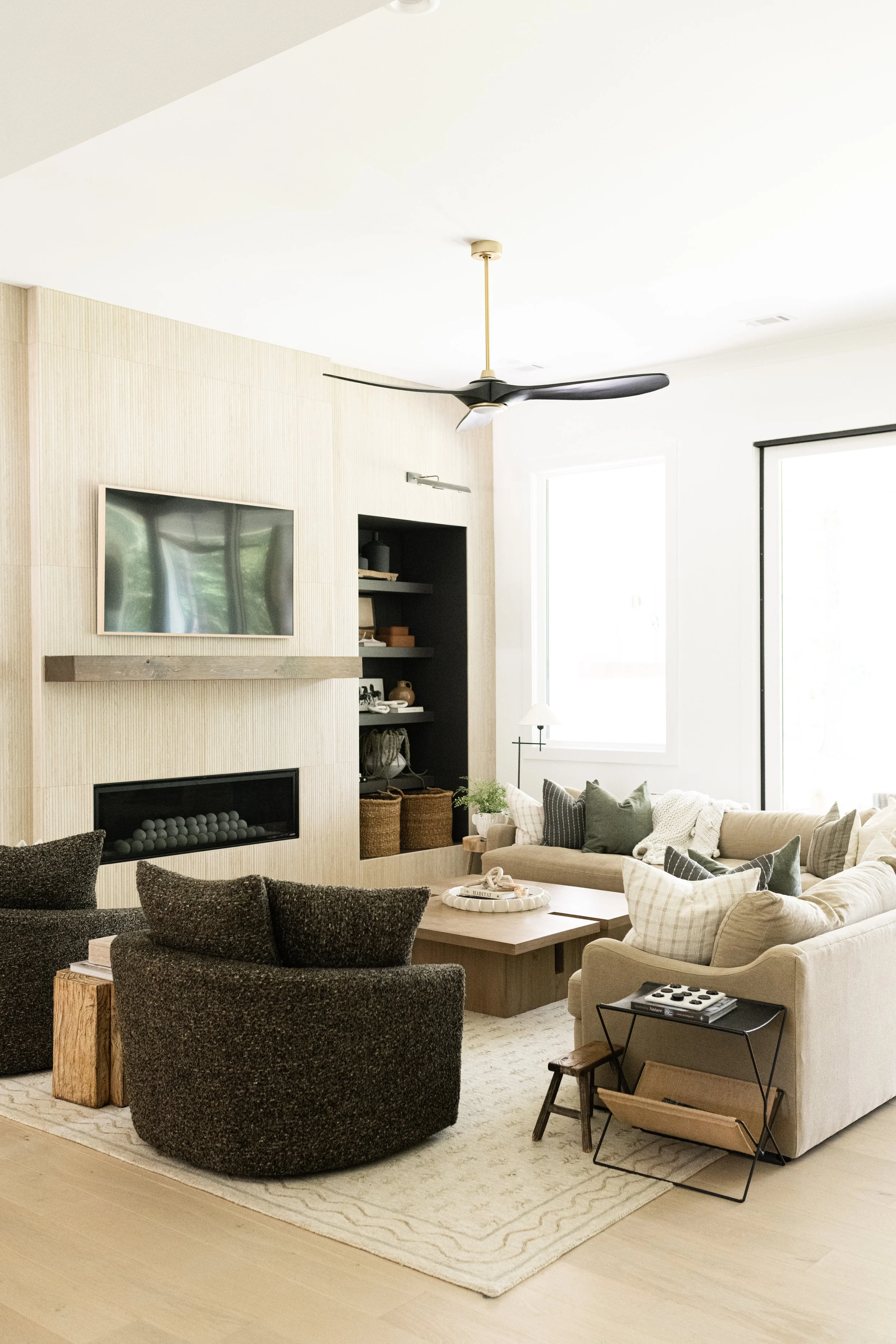 bright, modern living room designed with textures and warmth