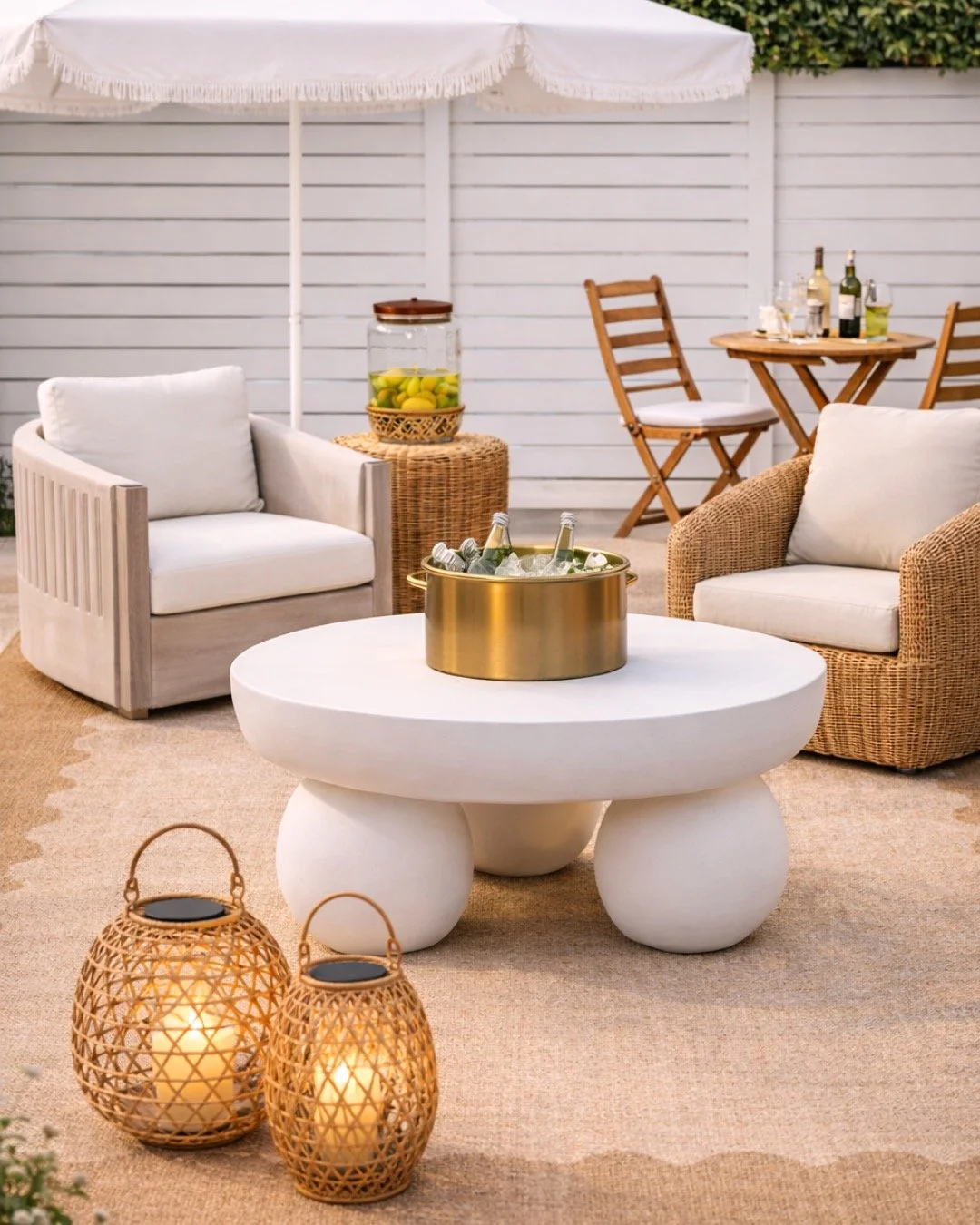 outdoor area with a modern white table, lanterns, and a brass bar