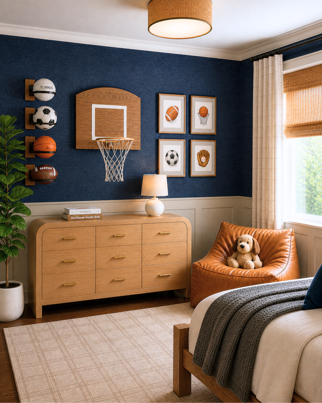 boys bedroom design with navy walls and brown chest
