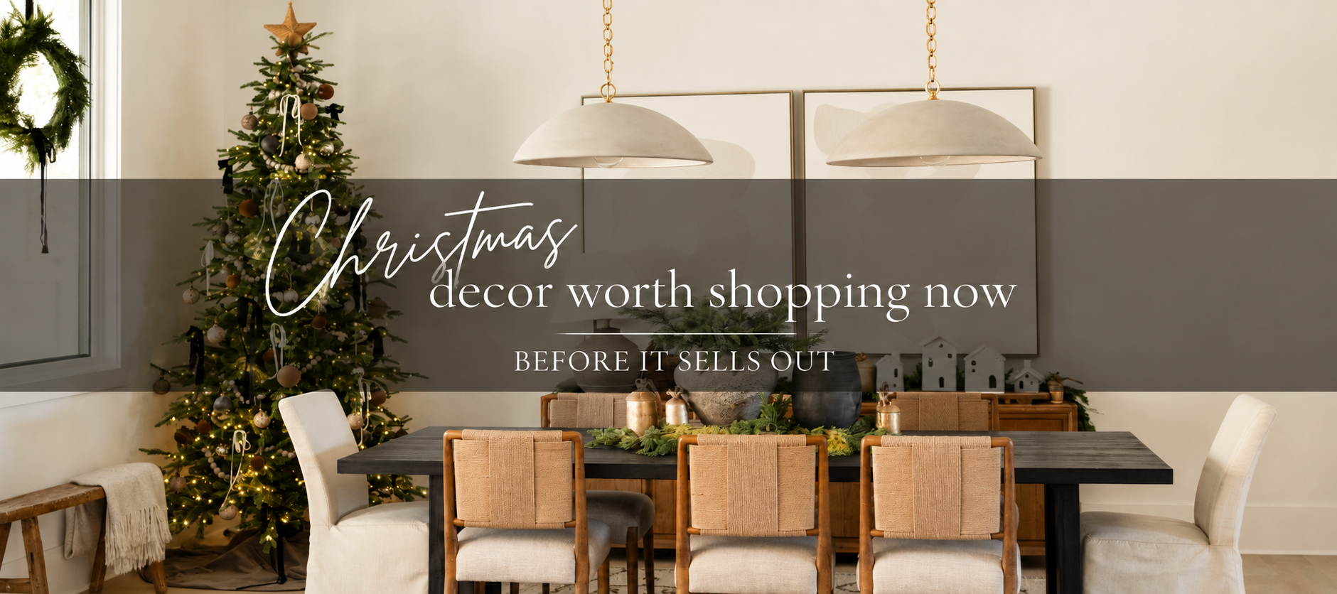 dining room table scene with christmas decor and a christmas tree