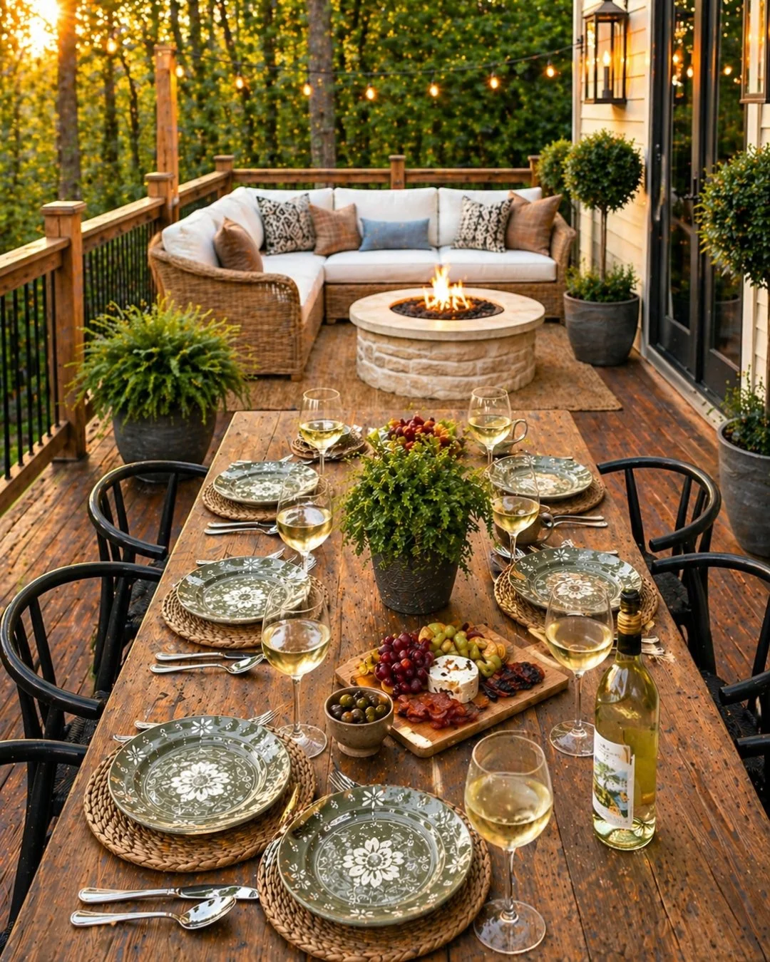 warm wooden back deck set for a dinner party with lit fireplace