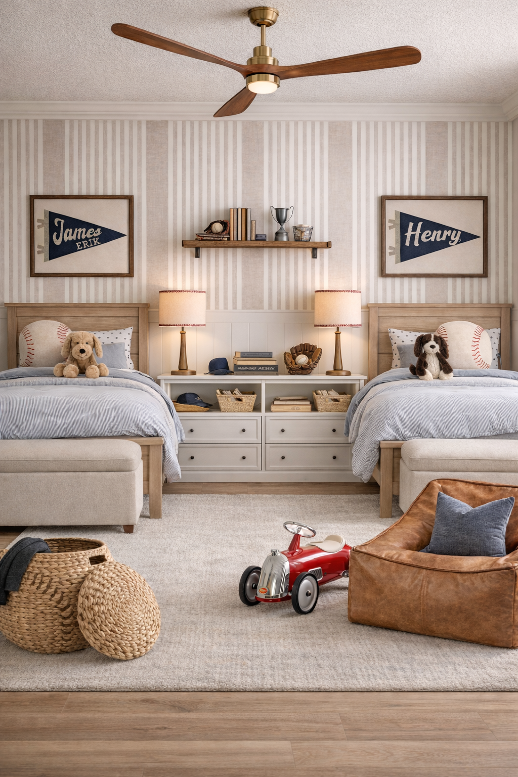 little boys room, baseball themed with stripped wallpaper and blue name pendants