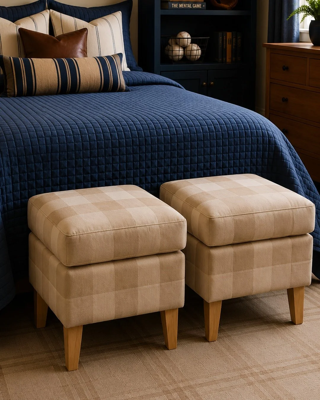 cream checkered ottomans