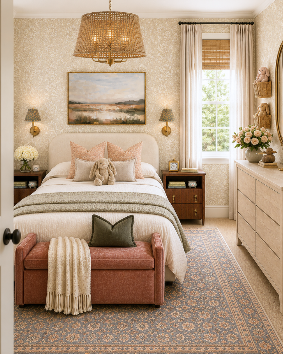 girls teen bedroom design with warm textured light and cream bed with bunny stuffed animal