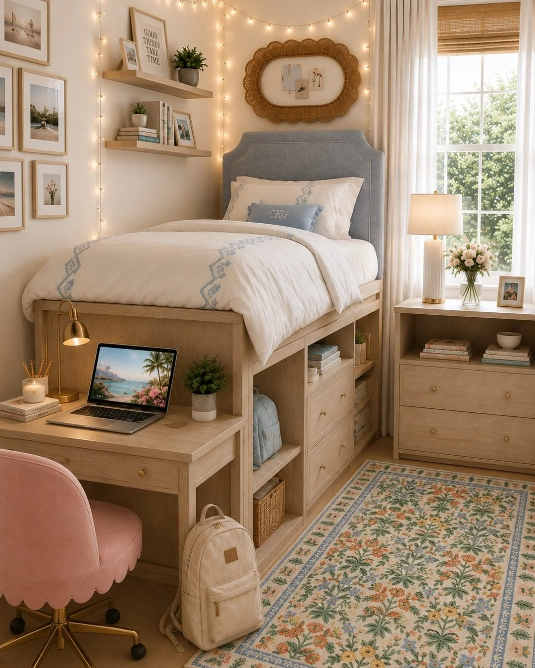girls dorm room with desk with computer, white backback and floral rug