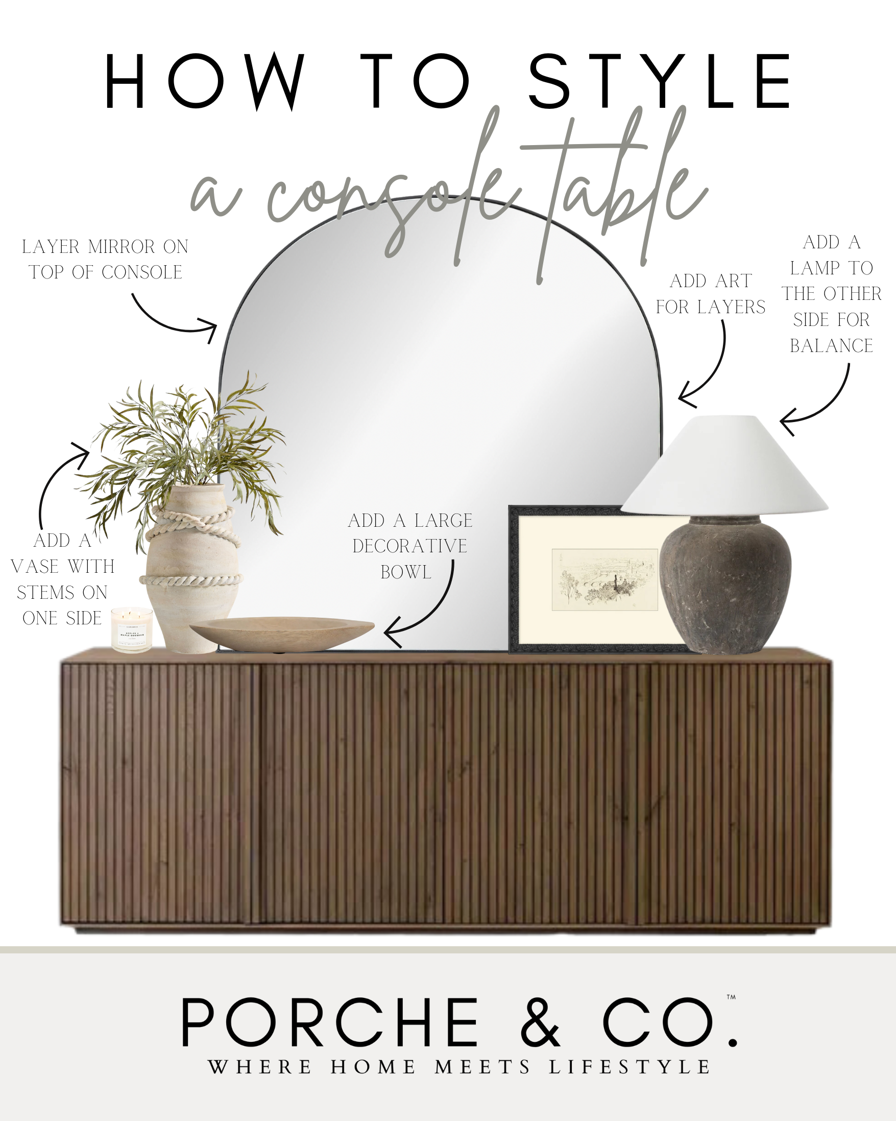 modern console table with mirror arc and vase