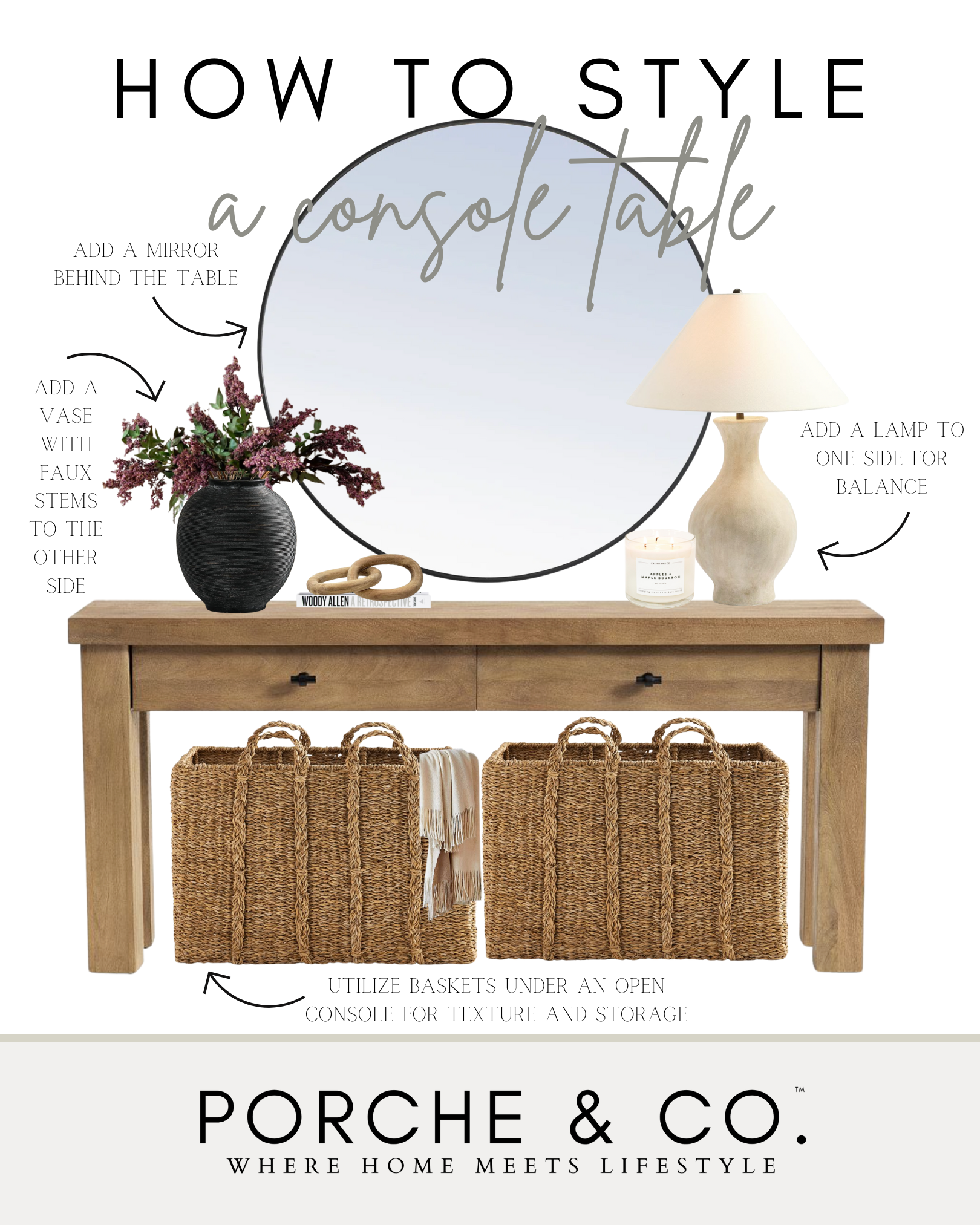 wooden console table with mirror, lamp, and vase